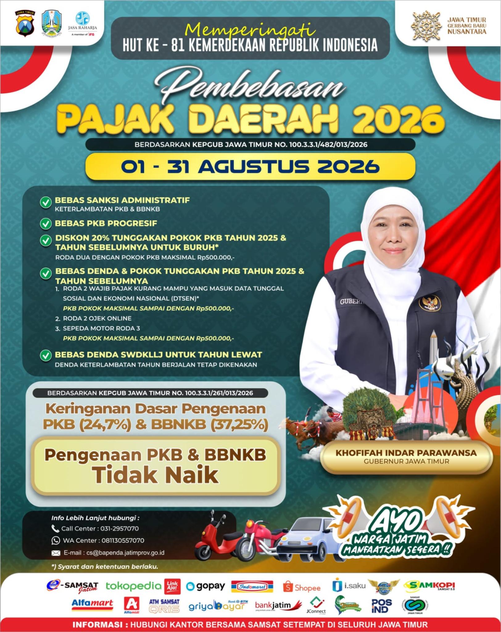 Memperingati HUT ke-81 RI, Pemprov Jatim Gelar Program Pembebasan Pajak Daerah 2026